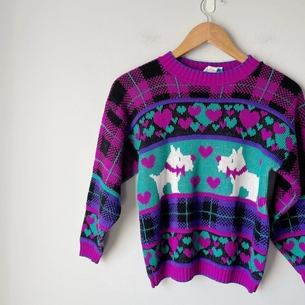 Vintage Girl's Purple Teal Schnauzer Dog Acrylic Pullover Sweater Size 14/16